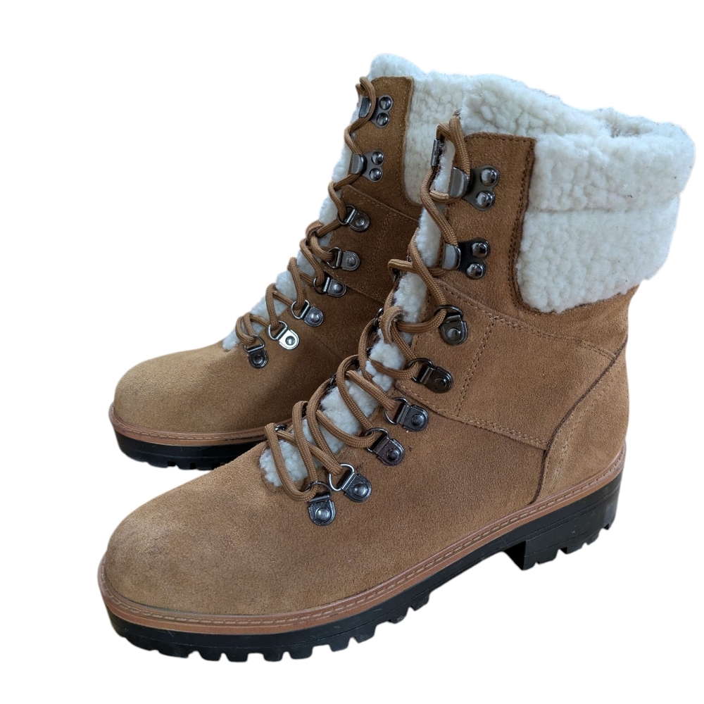 Marc Fisher Isalia Combat Boot Tan Suede with Faux Shearling Lining Size 8.5 - Picture 10 of 10